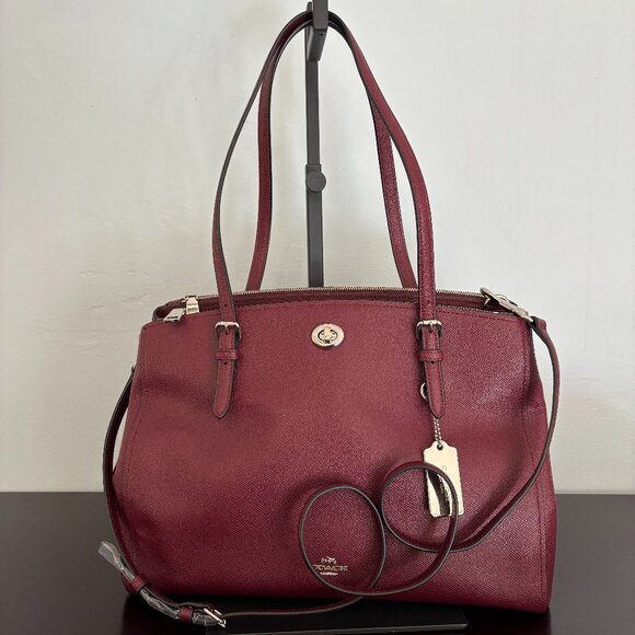 Coach Burgundy Crossgrain Leather Turnlock Carryall Satchel Shoulder Bag - Picture 1 of 11